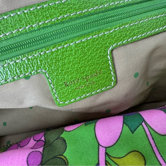 Rare Kate Spade Icon Green Floral Print Zip-Top Tote Bag Canvas Leather Handles - Picture 6 of 15